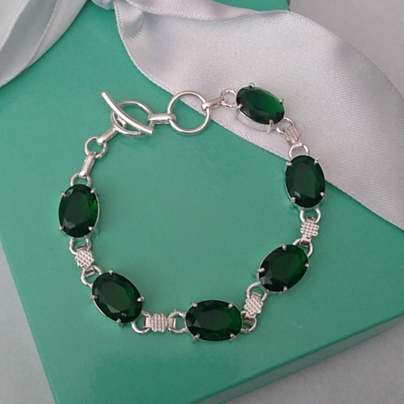 Green Tourmaline + Sterling Silver Chain Toggle Bracelet, up to 8" - Picture 3 of 7